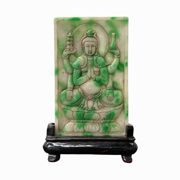 Chinese Green & White Jadeite Ganesha Table Plaque (1 of 3)