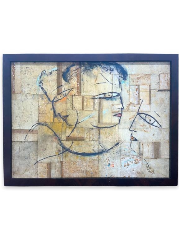 Jamali"Pure Thoughts and Past, Present and Future": Jamali; Pakistani (b. 1944) original painting, pigmentation on cork No. 9969 "Pure Thoughts and Past, Present and Future" Circa 2005. In very good condition and measuring 39" high and 53" wide.