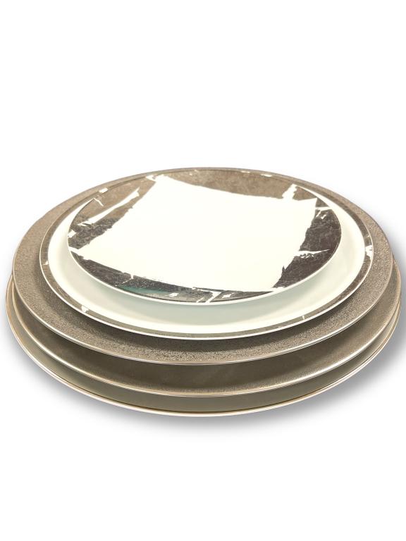 5PC HIGH END PORCELAINE de Limoges FRANCE Din Set: This set includes: 1 BERNARDAUD FEUILLE D'ARGENT Coupe plate (8.5") (retail: $292) 1 BERNARDAUD FEUILLE D'ARGENT Silver Leaf Coupe Dinner Plate (10.2") (retail:$100) 1 RAYNAUD Horizon Platine Granite