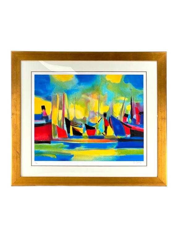 Large MARCEL MOULY "PETIT PORT BRETON" SIGNED: Large Waterscape MARCEL MOULY "PETIT PORT BRETON" SIGNED & NUMBERED LITHOGRAPH ARTIST: Marcel Mouly (French 1918-2008) Title: "Petit Port Breton" 1994 Medium: Lithograph Numbered 9/300 Signed to the l