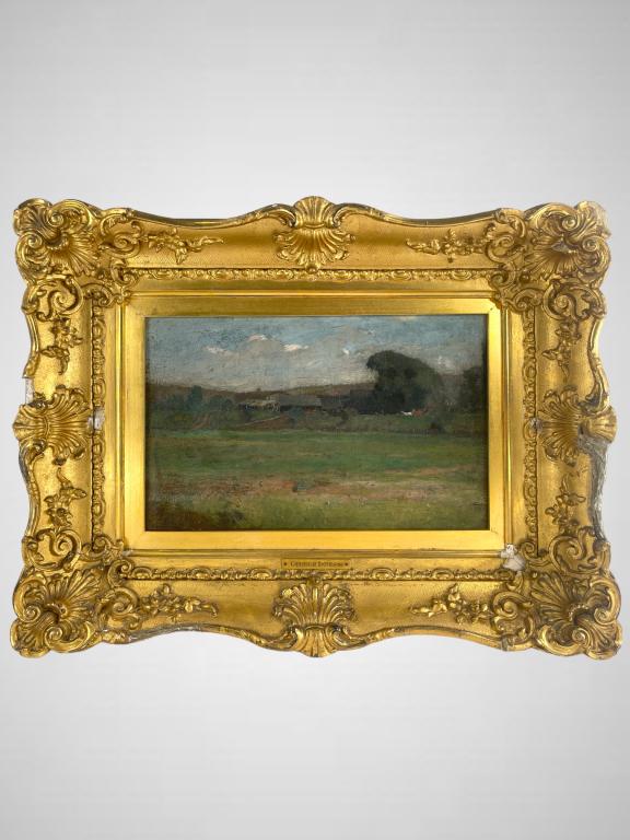 GEORGE INNESS (AMERICAN, 1825-1984) LANDSCAPE OIL: GEORGE INNESS (AMERICAN, 1825-1984) LANDSCAPE OIL ON BOARD SIGNED & DATED LOWER LEFT 15"x19.5" TOTAL FRAMED 9.5"x14" CANVAS EF