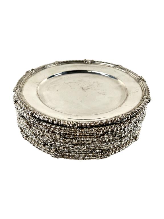 20TH CENTURY STERLING TIFFANY&CO.LUNCHEON CHARGERS: FIRST HALF OF 20TH CENTURY STERLING TIFFANY&CO. *Rococo style 12 PIECES 9" D MARKED TIFFANY & CO. MAKERS STERLING SILVER 23569 Weight: 169.9 OZT.