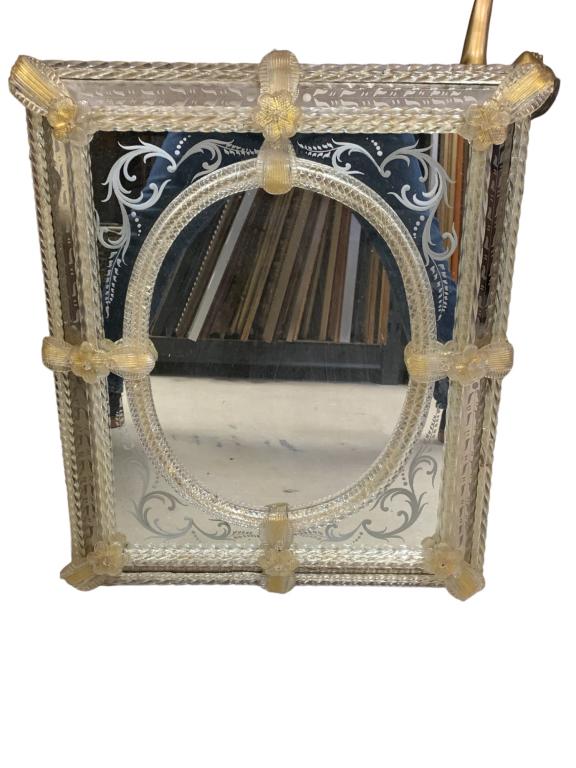 Venishian Style Etched Vanishian Art Glass Mirror: Venishian Style Etched Vanishian Art Glass Mirror Measures: 21" x 24" x 2.5 Item is in good condition for its age with no visible damage at this time.