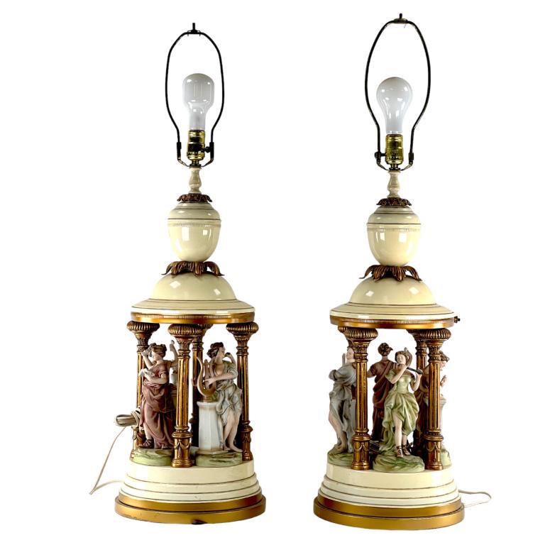 Pair Of Vintage European Porcelain Lamps: Pair Of Vintage European Porcelain Lamps good condition for its age. Diameter: H: 28 inches W: 13 inches DL