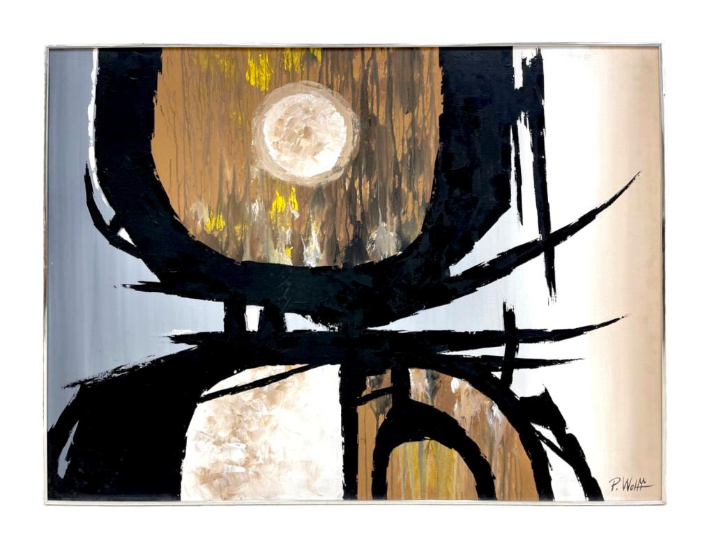 Modernist Abstract Painting by P. Wolff: Abstract oil on canvas with modernist forms in various hues of espresso brown, tans, and cremes. Signed and framed in original chrome frame. this piece is on a good condition for its age. Diameters: H