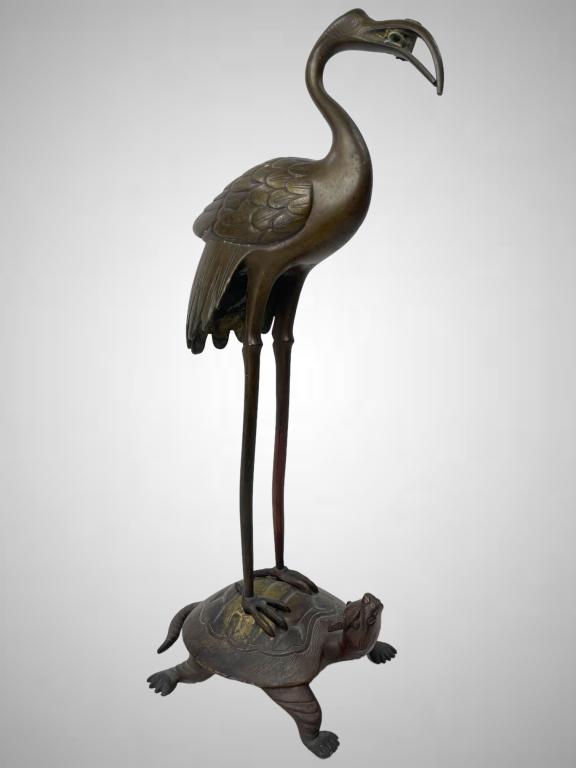 Antique Japanese Bronze Heron on Turtle Cir. 1890: Antique Japanese Bronze Heron on Turtle Circa 1890 17.5"h EF