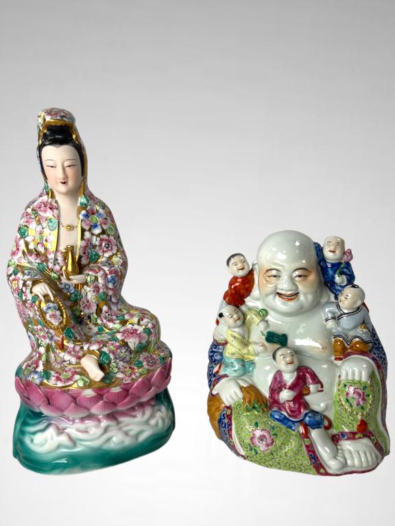 Group of Antique Chinese Famille Rose Rep. Period: Group of Antique Chinese Famille Rose Republic Period Porcelain Buddha Statue (9"h) and Kwan Yin Guan Yin Goddess Buddha Statue with 5 boys (9"h) Kwan Yin Guan Yin Goddess sitting on lotus (14.5"h)
