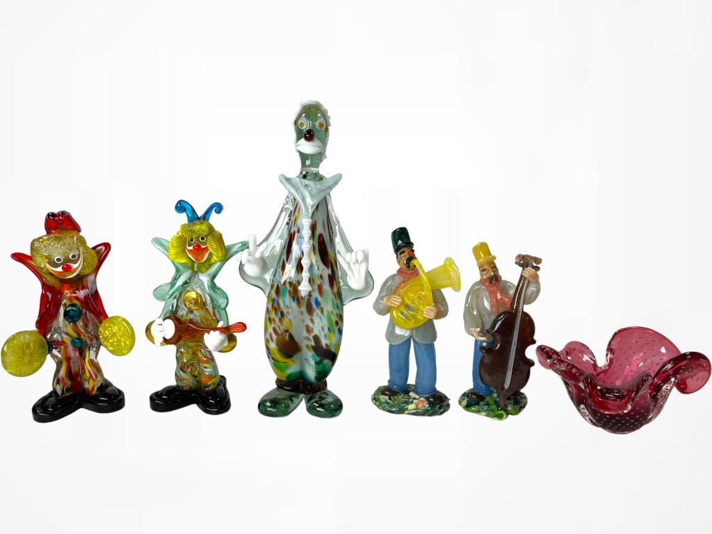 Collection of 6 Blown Art Glass Figurines and Dish: Collection of 6 Blown Art Glass Figurines and Dish 3 Hand blown art glass clown figures: 13"h, 9.5"h, 8.5"h 2 Men playing instruments: 8"h, 7.5"h 1 Blown art glass dish: 3.5"h approx 4"d EF-CB-13-D