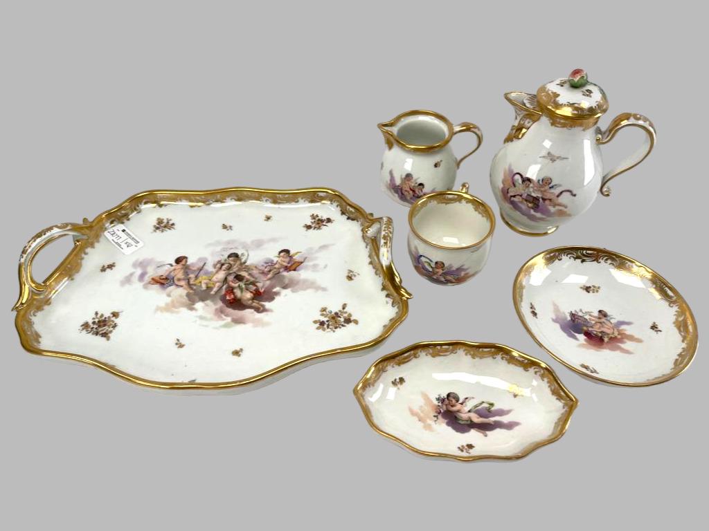 AMAZING CIRCA 18TH CENTURY ENAMEL 6PC TEA SET: CIRCA 18TH CENTURY 6PC TEA SET BLANK FROM VIENNA FACTORY SORGENTHAL PERIOD HAND PAINTED ENAMEL DECORATED IN 1801 WITH PUTTI AND AMORINI TRAY APPROX 13" x 9"