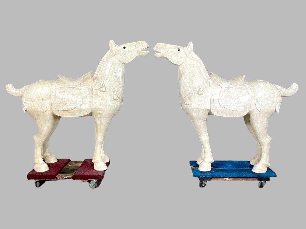 Pair Of Chinese Hand Carved Bone Horses 58"H: A Gorgeous And Elegant Pair Of Antique Monumental Chinese Hand Carved Bone Horses. Property from a Palm Beach Estate. Diameters: H: 58 inches W: 62 inches D: 17 inches