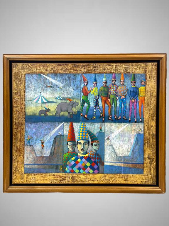 Juan Urbina (Venezuelan, 20th C.) Signed Oil on Canvas. Title: Acto de Magia en el Circo. Circa (1 of 8)