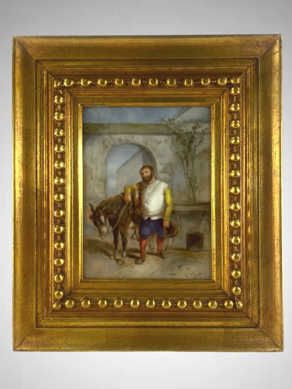 Artist Unknown, Vintage Oil on Canvas, Unsigned: Artist Unknown, Vintage Oil on Porcelain Unsigned Sancho Panza in Courtyard Dimensions: 8.5" x 6.5" ; In carved & beaded gilt wood frame: 15" x 13". EF/B15/SH:13B