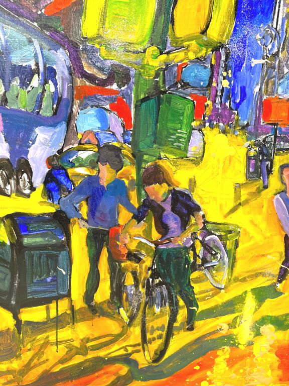 Tom Christopher (American, b.1952). Acrylic on canvas. Biking in the city scene. dimensions: (1 of 4)