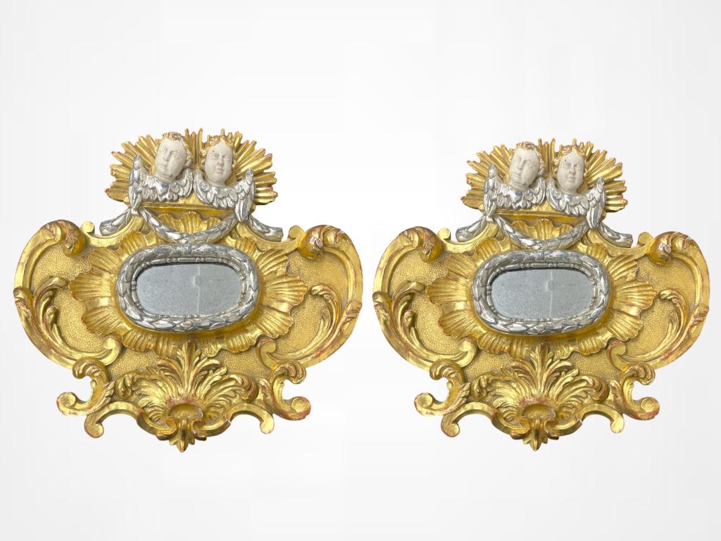 ANTIQUE PAIR OF FRENCH ROCOCO STYLE GILT MIRRORS TWO PUTTI DISPLAYED AT THE TOP OF EACH MIRROR 18 X (1 of 6)