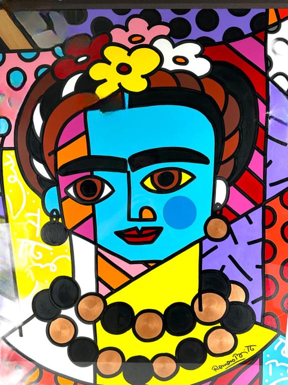 Romero Britto Acrylic on Paper Board. Abstract Portrait. Approx. 54" x 46" total, 39" x 31.5" sight. (1 of 4)