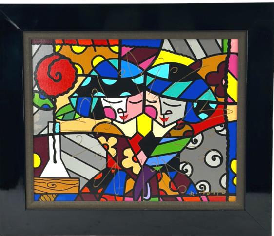 Romero Britto "Sisters". Mixed Media Giclee on Canvas. Ed. 62/100. Image size: 20" x 16"// 22.5" x: Romero Britto "Sisters". Mixed Media Giclee on Canvas. Ed. 62/100. Image size: 20" x 16"// 22.5" x 26.5" frame. Includes COA. Signed + numbered verso. EF/B15/SH:6A JM