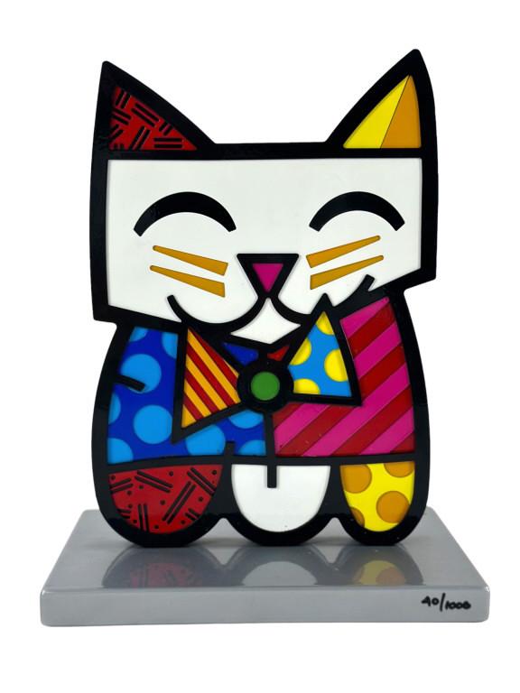 Romero Britto 2D Sculpture Squeaki. Silver base sculpture: Squeaki. Hand signed and editioned enamel: Romero Britto 2D Sculpture Squeaki. Silver base sculpture: Squeaki. Hand signed and editioned enamel and aluminum sculpture. This piece is double sided. Approx: 10"H x 7.5"L. Numbered 40/1000. JM/B15/