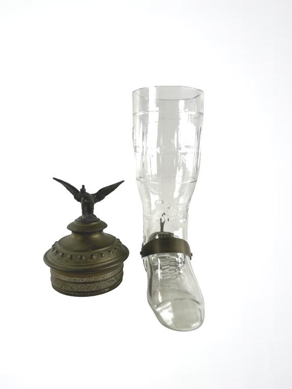 German Glass & Silver Plated Pub Boot. Approx: 17.5"H EF/B15/SH:18B JM: German Glass & Silver Plated Pub Boot. Approx: 17.5"H EF/B15/SH:18B JM