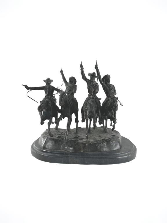 Frederic Remington (American, 1861-1909) Bronze. "Coming through the Rye". Signed on base (see: Frederic Remington (American, 1861-1909) Bronze. "Coming through the Rye". Signed on base (see photos). Approx: bronze: 11"H x 13"L x 11"D. EF/B15/SH:16B JM
