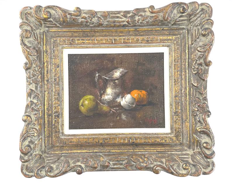 Signed Oil on Canvas Still Life. Subject: cracked egg, pear, orange & pitcher. Signed Robins lower (1 of 3)