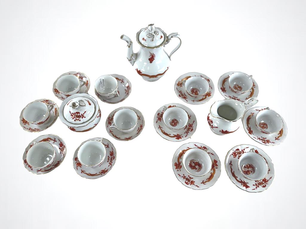 27 Piece Meissen Ming Dragon Pattern Tea Service. Composed of: 6 saucers 4 3/4"D 6 saucers 4 1/4"D 6 (1 of 7)