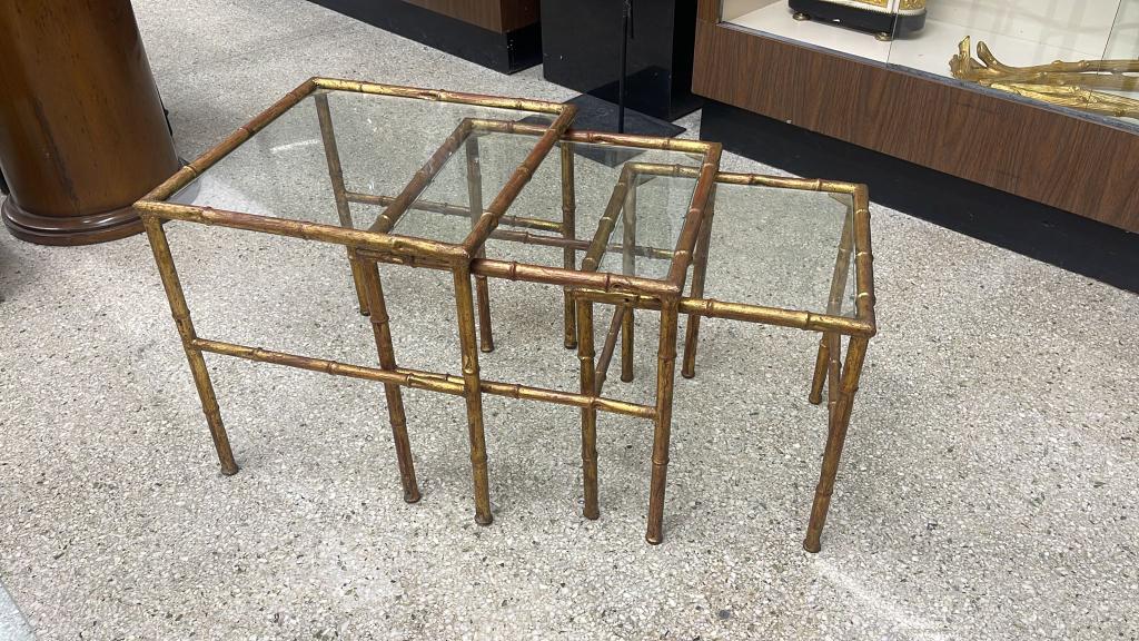 Set of 3 Nesting Glass Top FAux Bamboo Gilt Metal End Side Stacking Tables. Dimensions: approx: (1 of 5)