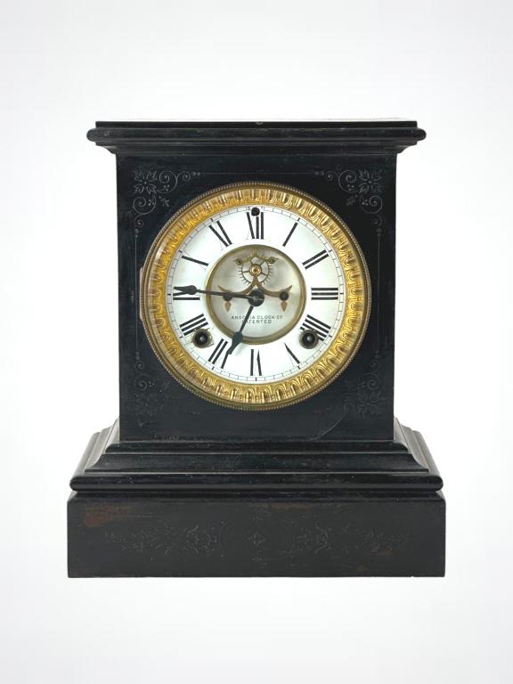 Antique Ansonia Engraved Wood Mantle Clock. Approx dimensions: 11.5"H x 9.5"L x 5.5"D. EF/B15/SH: (1 of 4)