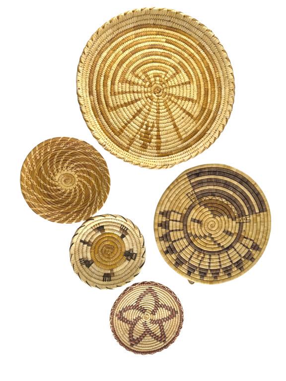5PCS Vintage Native American Round Woven Trays. Approx dimensions: 14.5"D 11.5"D 8"D 7"D 7"D. (1 of 6)