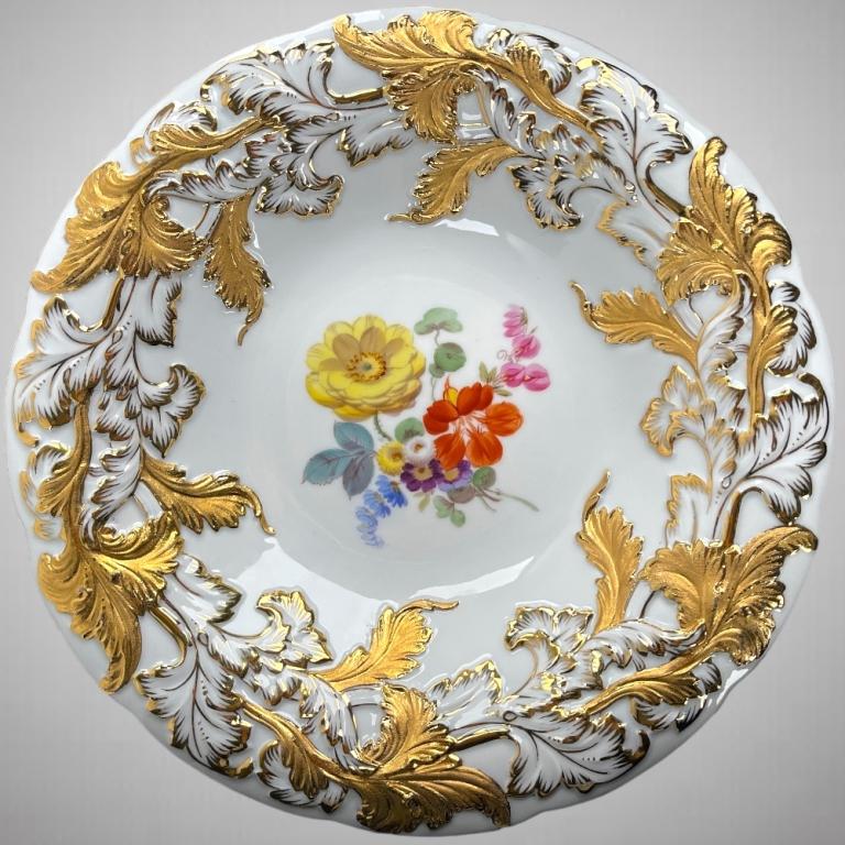 Meissen Porcelain Hand Painted & Gilded Deep Plate: Meissen Porcelain Hand Painted & Gilded Deep Plate Dimensions: H: 1.5in, D: 9.5in. EF/B15/SH:12A
