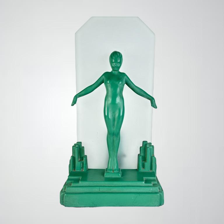 FrankArt "Silhouette" Green Metal & Frosted Glass: FrankArt "Silhouette" Green Metal & Frosted Glass Lamp. 1930-31 Collection. #L212. Dimensions:10 - 3/4" x 6 - 1/4". EF/B15/SH:14B