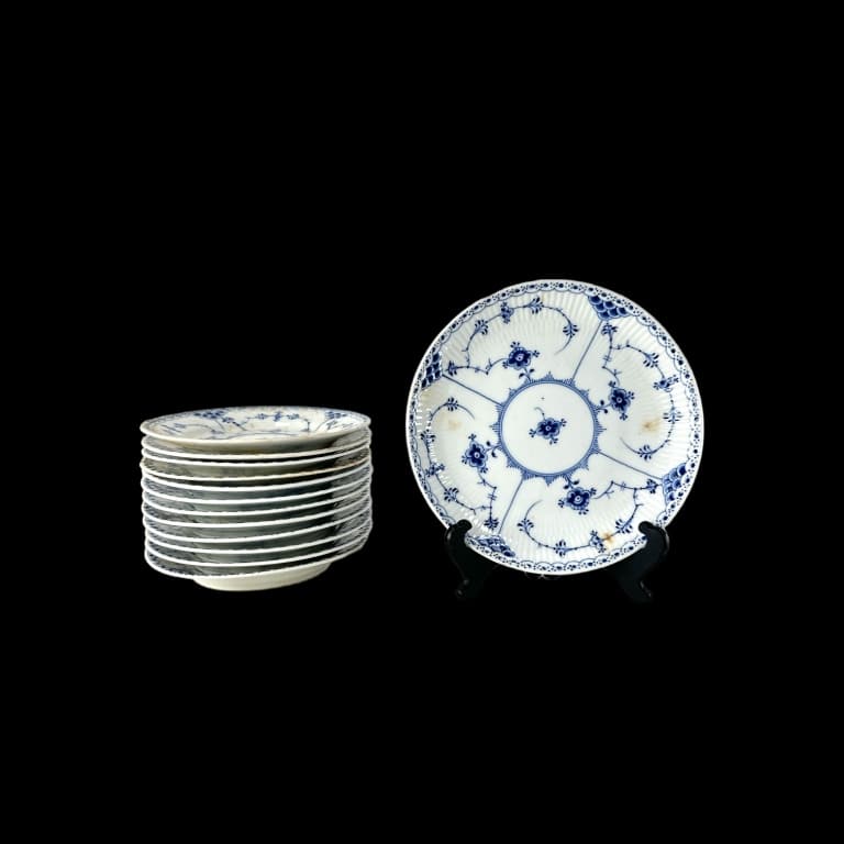 14Pcs Rpyal Copenhagen Fluted Full Lace Plates: 14Pcs Rpyal Copenhagen Fluted Full Lace Plates. 2 no.582 dessert plates 7 1/2"d. 12 no. 575 saucers 6 1/8"d. All marked on underside. EF/B13/CB:C