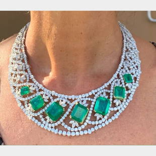 AGL Certified Colombian Emerald and Diamond Neckla: 18K White Gold AGL Certified Colombian Emerald and Diamond Necklace Item # 6973 Weighing 184.6 grams Set with 7 AGL Certified Colombian Emeralds, weighing app. 66.37 Ct. Along with 881 Round Diamonds