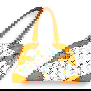 2010 Louis Vuitton Claudia Multicolor Bag Limited: 2010 Louis Vuitton Claudia Multicolor Bag Limited Edition Takashi Murakami. M40193 Monogram Multicolor Claudia Handbag White Exterior + gold hardware. Approx: 8.67"h x 7.09"d x 14.18"l. EF/B15/SH:1B