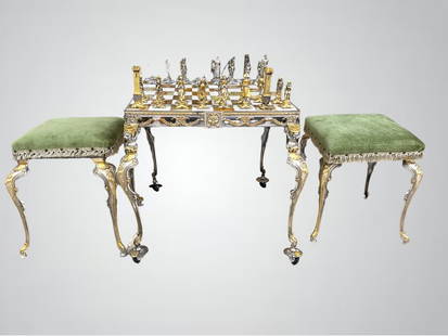 Giuseppe Vasari Gilt and Silvered Metal Chess Set: Giuseppe Vasari (Italian, 1934-2005) Gilt and Silvered Metal Chess Set complete with chess pieces, table with onyx top along with a matching pair of lowboy upholstered stools height 22 inches, top 22"