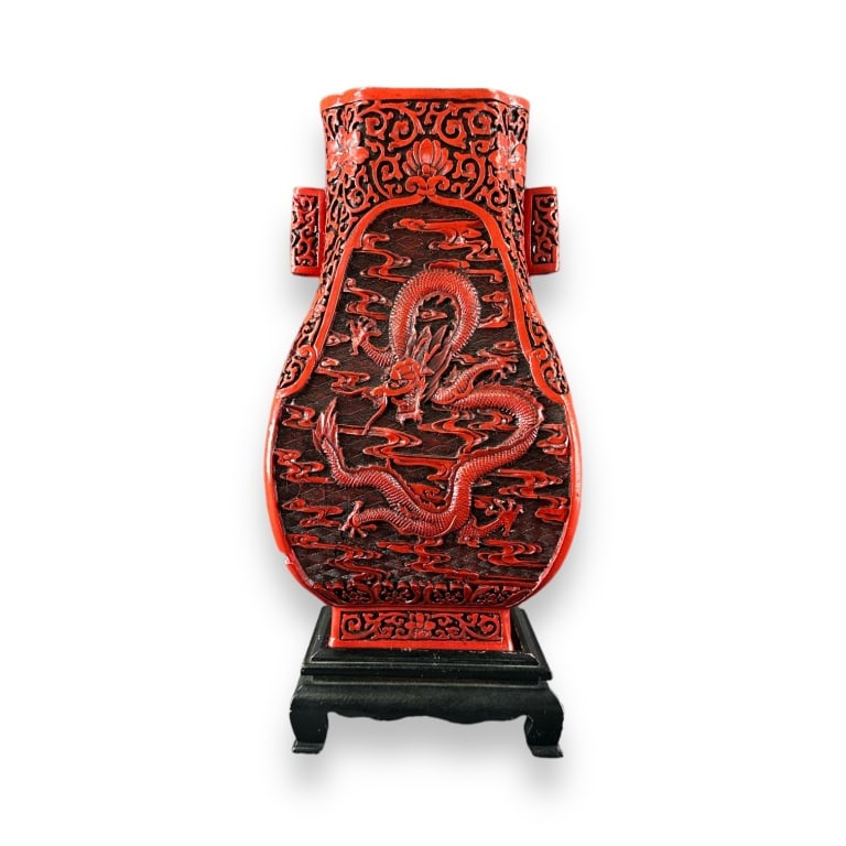 Carved Chinese Cinnabar Vase with Dragons (1 of 5)
