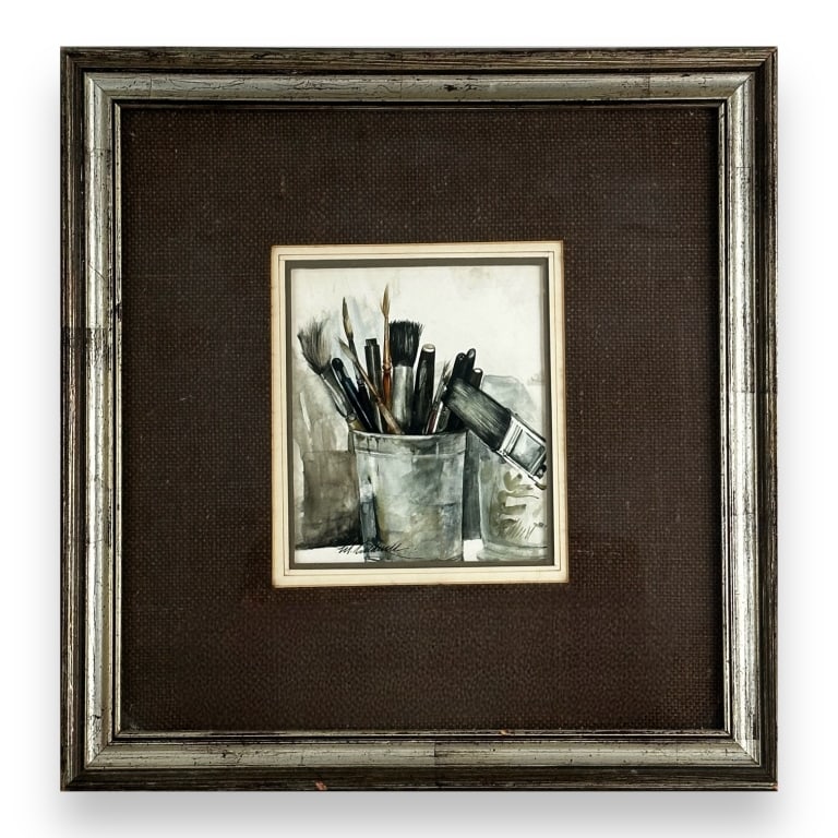 Marilyn Caldwell (USA 20th/21st C) Still Life W/C: Marilyn Caldwell (AMERICAN / CONNECTICUT, 20th/21st century) watercolor on paper depicting a still life scene of an artist's brush pot. Signed to lower left center. Mounted in a silver painted wooden 