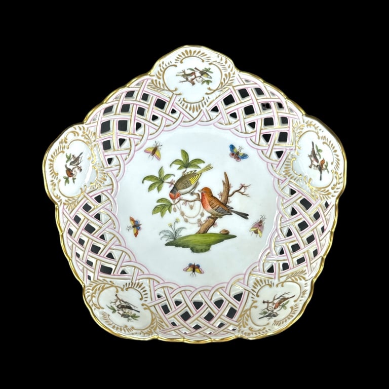 Herend Hungarian hand painted reticulated basket bowl in the "Rothschild" pattern having five (1 of 4)