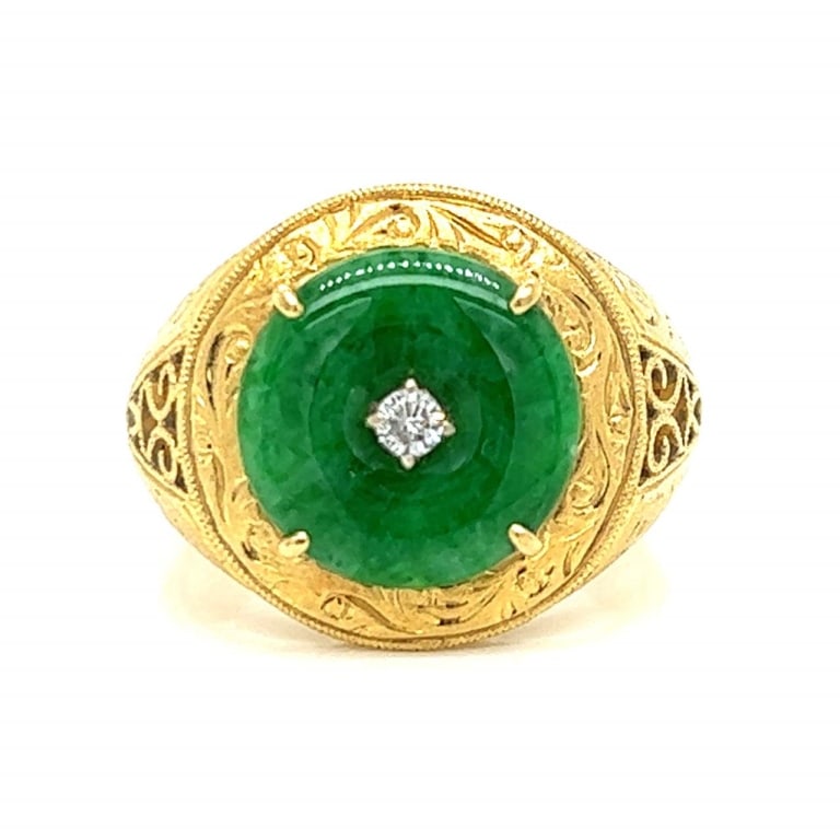 18K Yellow Gold Jade & Diamond Ring Item # 9641 Weighing 8.2 grams Ring Size 7 (1 of 4)