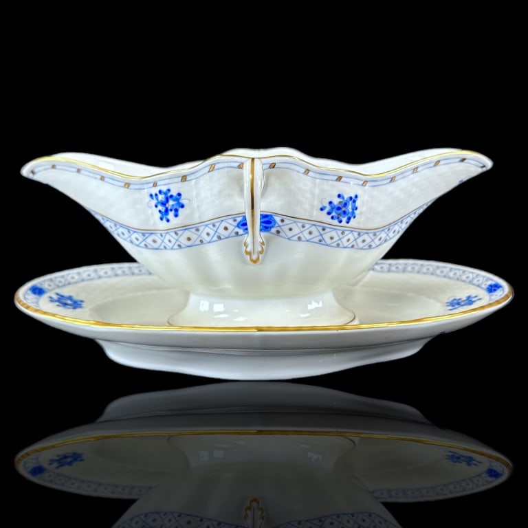 Herend Hungarian hand painted porcelain gravy boat with attached under plate in the "Blue Garden" (1 of 4)