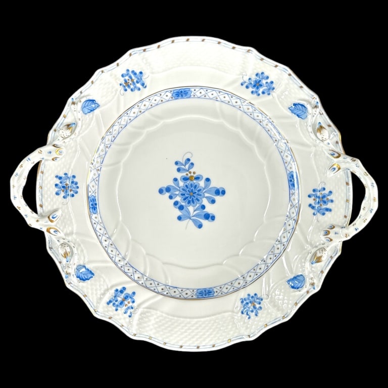 Herend Hungarian hand painted porcelain handle round charger in the "Blue Garden" pattern depicting (1 of 3)