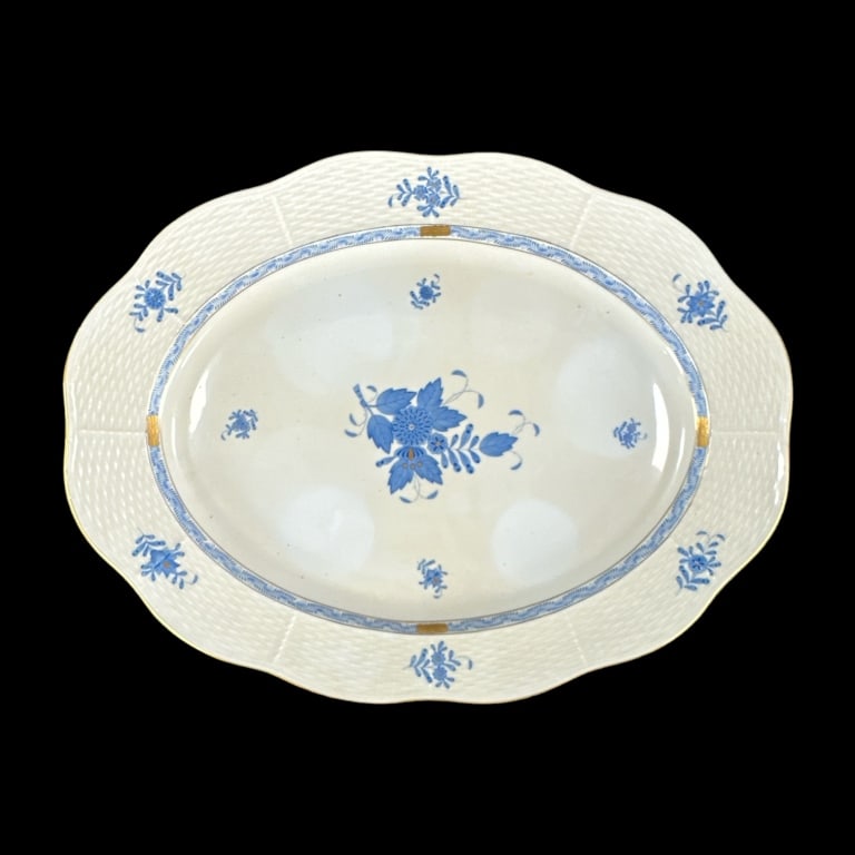 Herend Hungarian hand painted oval serving platter with scalloped rim in the "Chinese Bouquet Blue" (1 of 4)