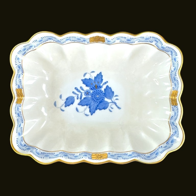 Herend Hungarian hand painted rectangular bowl with scalloped rim in the "Chinese Bouquet Blue" (1 of 3)