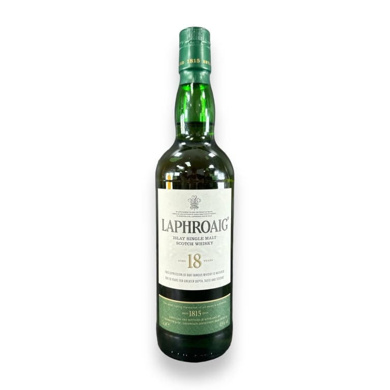 Laphroaig 18 Years Old (70 cl bottle). Islay single malt scotch whiskey. Aged 18 yrs. official (1 of 2)