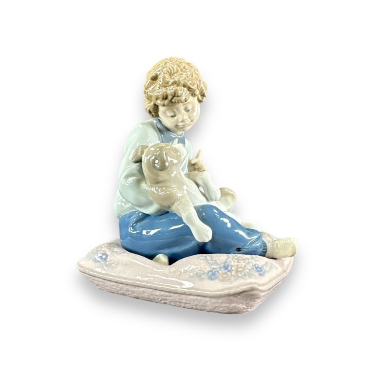 Lladro Sculpture Behave #5703 Boy w Dog. 6" tall marked on bottom #5703 . EF/B15/SH:12A: Lladro Sculpture Behave #5703 Boy w Dog. 6" tall marked on bottom #5703 . EF/B15/SH:12A