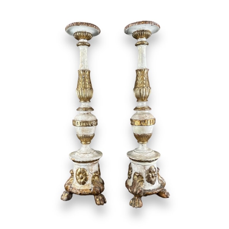 A pair of antique 17th century parcel gilt wooden large candlesticks with white painted two tone (1 of 3)