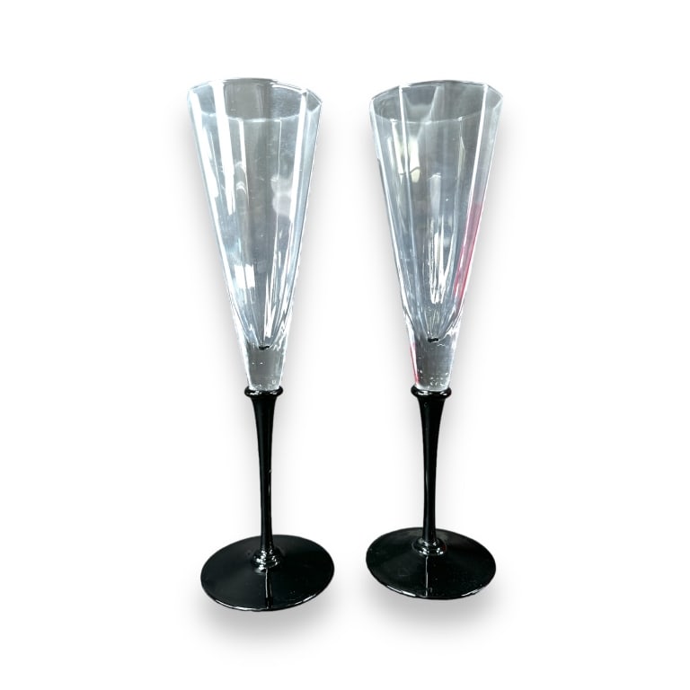 A set of 12 Cartier France clear and black champagne stemware glasses. Each marked to bottoms. (1 of 4)
