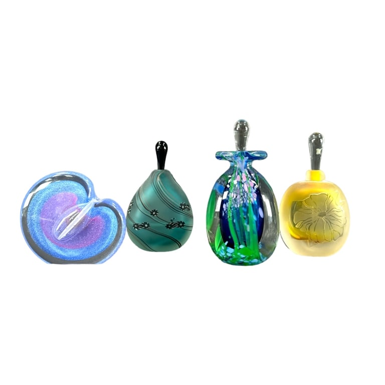A lot of four signed studio art glass perfume / scent bottles. Lot is to include bottles by Michael (1 of 5)
