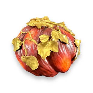 Katherine Houston (AMERICAN, 20th/21st Century) hand painted figural pumpkin fruit / vegetable: Katherine Houston (AMERICAN, 20th/21st Century) hand painted figural pumpkin fruit / vegetable sculpture crafted of heavy solid ceramic. Of red tone completed with gilt vines and leaves. Signed to bot