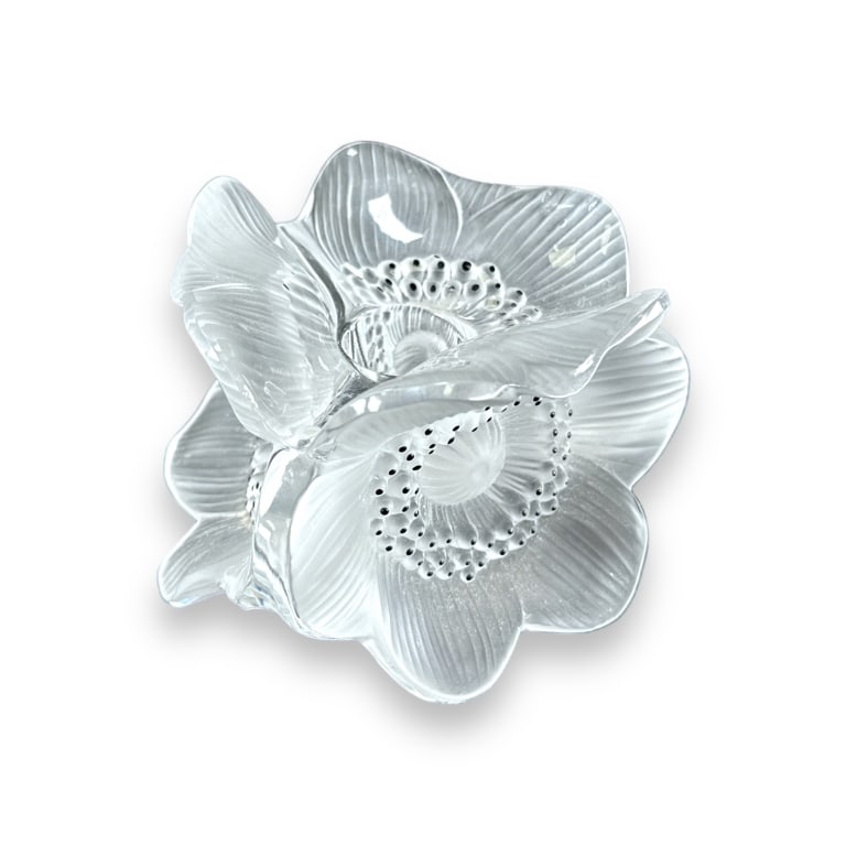 Lalique French frosted crystal triple flower "Anemone" candle holder. Etched "Lalique France" mark (1 of 3)