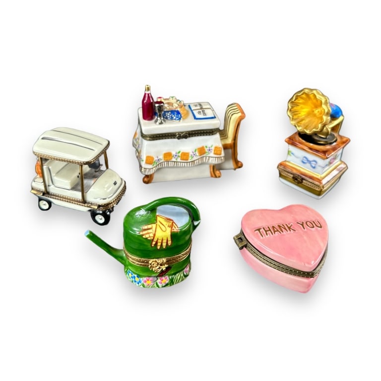 5Pcs Lot of Enamel & Brass Hand Painted Pill Boxes. -Pink heart shaped pill box approx: 1"h x 2" d. (1 of 3)